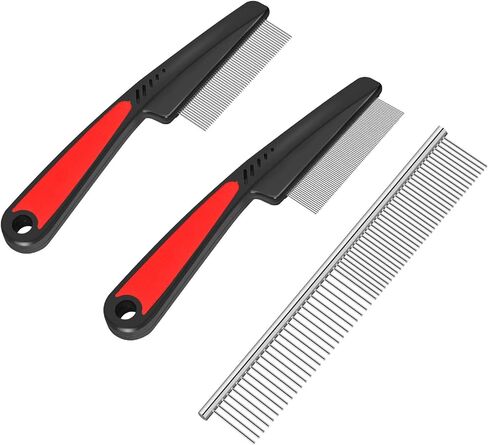 BRILLIRARE 3 Pack Dog Comb Kit, Stainless Steel Cat Flea Lice Grooming Combs with Rounded Teeth, Professional Pet Tear Stain Remover, Dematting Tool for Small, Medium & Large Pets in Saudi Arabia