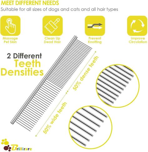 BRILLIRARE 3 Pack Dog Comb Kit, Stainless Steel Cat Flea Lice Grooming Combs with Rounded Teeth, Professional Pet Tear Stain Remover, Dematting Tool for Small, Medium & Large Pets in Saudi Arabia