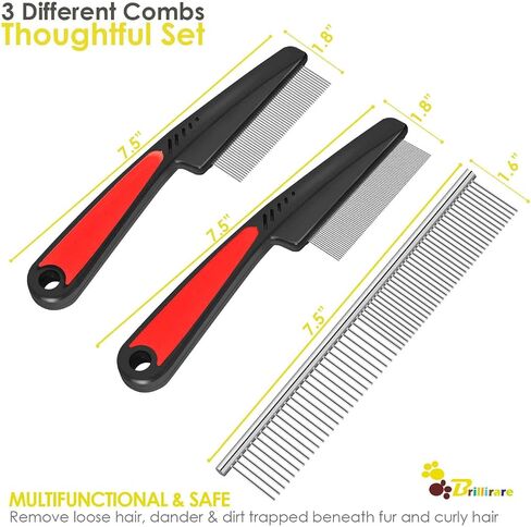 BRILLIRARE 3 Pack Dog Comb Kit, Stainless Steel Cat Flea Lice Grooming Combs with Rounded Teeth, Professional Pet Tear Stain Remover, Dematting Tool for Small, Medium & Large Pets in Saudi Arabia
