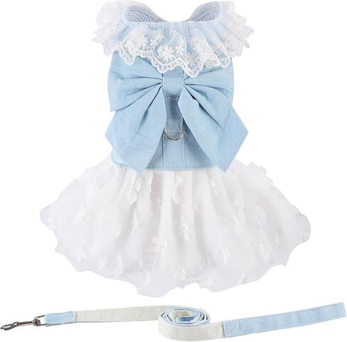Dog Denim Dress with Leash Ring, Puppy Bowknot Lace Mesh Princess Skirt for Small Pet Fashion Clothes(Light Blue,X-Small) in Kuwait