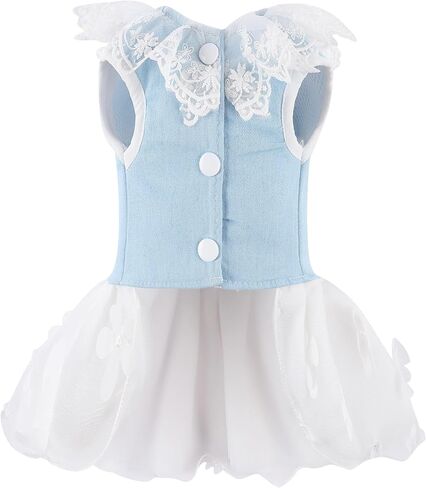Dog Denim Dress with Leash Ring, Puppy Bowknot Lace Mesh Princess Skirt for Small Pet Fashion Clothes(Light Blue,X-Small) in Kuwait