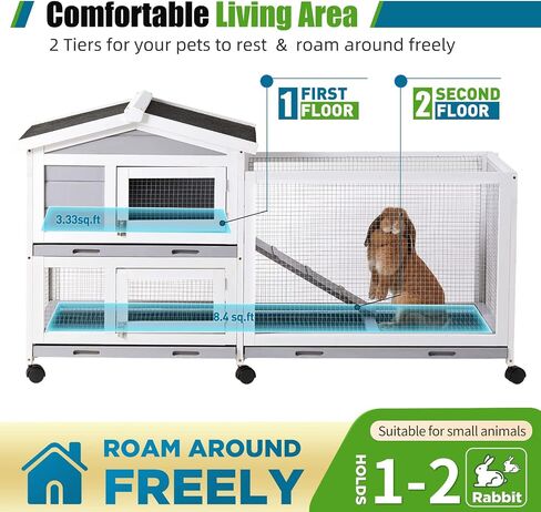 Rabbit Hutch, Indoor Rabbit Hutch Rabbit Cage Outdoor Two Story Bunny Hutch with Asphalt Roof Guinea Pig Cages with Removable No Leaking Tray, Ramp, Outdoor Pet House for Small Animals in Saudi Arabia