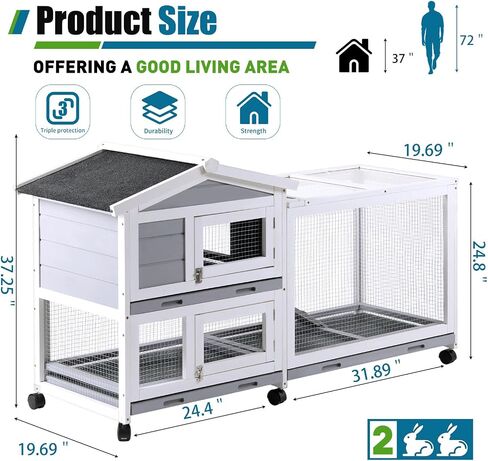 Rabbit Hutch, Indoor Rabbit Hutch Rabbit Cage Outdoor Two Story Bunny Hutch with Asphalt Roof Guinea Pig Cages with Removable No Leaking Tray, Ramp, Outdoor Pet House for Small Animals in Saudi Arabia