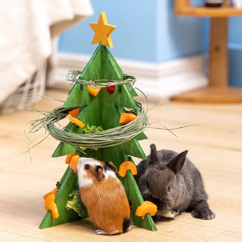 Guinea Pig Toys, Christmas Tree Foraging Puzzle Toy Treat Feeder for Bunny Hamster Rabbits Wooden Enrichment Vegetable Rack Mental Stimulation Interactive Toy Xmas Gift Habitat Decor for Small Pets in Saudi Arabia