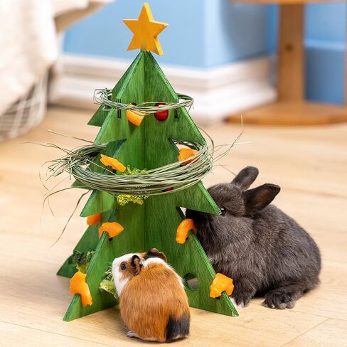 Guinea Pig Toys, Christmas Tree Foraging Puzzle Toy Treat Feeder for Bunny Hamster Rabbits Wooden Enrichment Vegetable Rack Mental Stimulation Interactive Toy Xmas Gift Habitat Decor for Small Pets in Saudi Arabia
