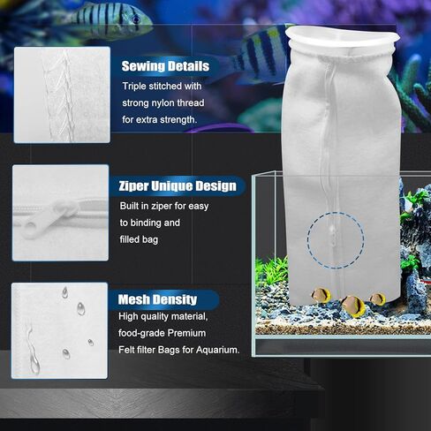 اكياس فلتر حوض السمك - جوارب فلتر حوض السمك 4 × 14 انش بتصميم سحاب - سهلة التنظيف وعالية الجودة 200 ميكرون - ملحقات حوض السمك للمياه المالحة / المياه العذبة عبوة من قطعتين in Kuwait