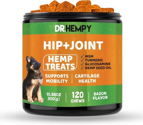 مكمل الورك والمفاصل للكلاب من DRHEMPY - علاجات القنب بنكهة لحم الخنزير المقدد للكلاب مع MSM والجلوكوزامين وزيت بذور القنب والمزيد لدعم الحركة وصحة الغضاريف - 120 مكملاً قابلاً للمضغ للكلاب in Saudi Arabia
