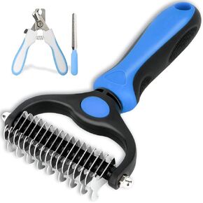 Ctemnpho Double Sided Shedding and Dematting Undercoat Rake Comb for Dogs and Cats, Safe and Effective Hair Dematting Tool for Mats&Tangles Removing, Extra Wide, Free Pet Nail Clippers and File in Kuwait