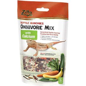 Zilla Reptile Munchies, Omnivore Mix with Calcium, Dehydrated and Sun Dried Vegetables and Insects, Natural with Added Calcium, Resealable Bag 4 oz.