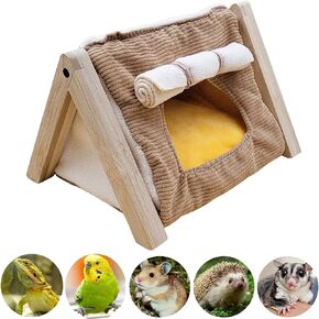 Small Animal Wood Teepee Tent with Curtain & Cushion Cave Bed Warm House Habitat Hideout Tunnel for Hamster Sugar Glider Hedgehog Gerbil Rat Bearded Dragon Bird Small Animals Cage Supplies (M, Blue)