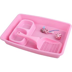 PAWISE Kitty Litter Box Set includes 4-Pieces - Shallow Cat Litter Pan, Cat Litter Scooper, Cat Bowls, Cat Mouse Toy, 14.5x10.5 Inches, Blue