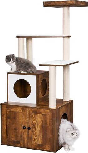 BEWISHOME Cat Litter Box Enlcosure Furniture with Cat Tree, 2-in-1 Cat Tower with Cat Washroom, Large Wooden Cat House with with Plush Perch Scratching Posts CMW04F in Saudi Arabia