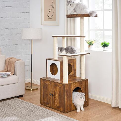 BEWISHOME Cat Litter Box Enlcosure Furniture with Cat Tree, 2-in-1 Cat Tower with Cat Washroom, Large Wooden Cat House with with Plush Perch Scratching Posts CMW04F in Saudi Arabia