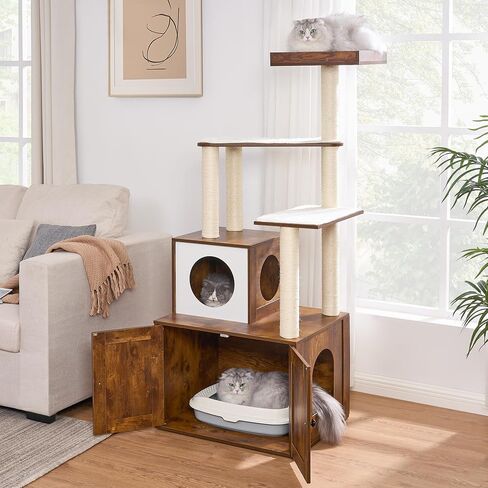 BEWISHOME Cat Litter Box Enlcosure Furniture with Cat Tree, 2-in-1 Cat Tower with Cat Washroom, Large Wooden Cat House with with Plush Perch Scratching Posts CMW04F in Saudi Arabia