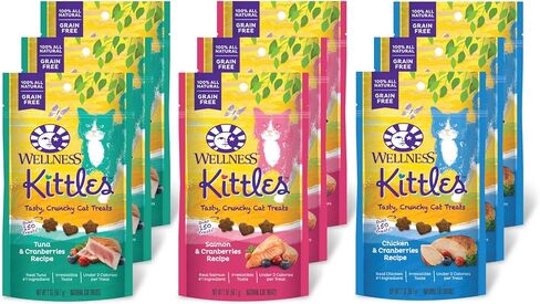 مجموعة متنوعة من علاجات القطط من Wellness Kittles (نكهات الدجاج والتوت البري، وسمك السلمون والتوت البري، ونكهات التونة والتوت البري)، وتسعة أكياس سعة 2 أونصة in Kuwait