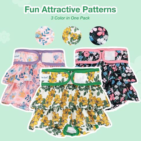 Pet Soft Female Dog Diapers - 3Pack Washable Dress-Style Dog Diapers Female for Girl Dog in Heat - Reusable Dog Period Panties|Puppy Diapers Female (Ocean, S) in Kuwait
