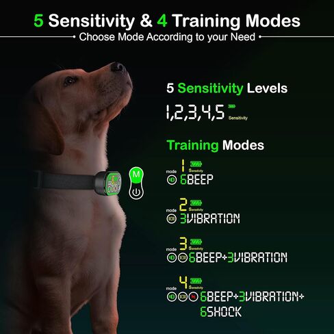 Dog Bark Collar, Rechargable anti barking collar for dogs with 5 Adjustable Sensitivity Levels and 6 Adjustable shock and 3 vibration levels - Bark Collar for Small, Medium and large dogs in Kuwait
