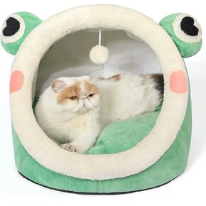 Jiupety Cute Cat Bed, Indoor Lovely Crystal Velvet Igloo for Cat, Warm Cave Sleeping Nest Bed for Puppy and Kitten, Green Frog, S