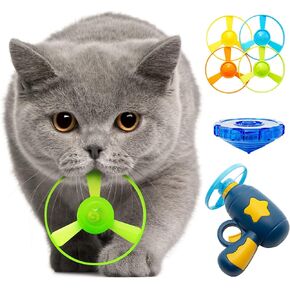 Cat Fetch Toy, Interactive Cat Flying Disc Toy with 1 Light Up Spinning Tops, 1 LED Flying Propellers and 4 Flying Propellers, Cat Track Toy for Cat Training Hunting Chasing (Blue)