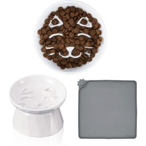 Frewinky Ceramic Slow Feeder Cat Bowls,Slow Feeder Dry/Wet Food and Water Bowl Set for Cats and Small Dogs,Elevated-Cat Slow Feeder,Set of 2