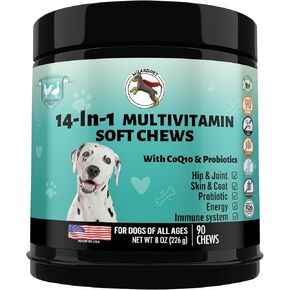 WIZARDPET 14-in-1 Dog Multivitamin | Everyday Supplement for Dogs with Glucosamine Probiotic, Chondroitin, Omega-3s | Hip Joint Support, Skin Coat, Heart Health, Gut & Immune | 90 Soft Chews in Kuwait