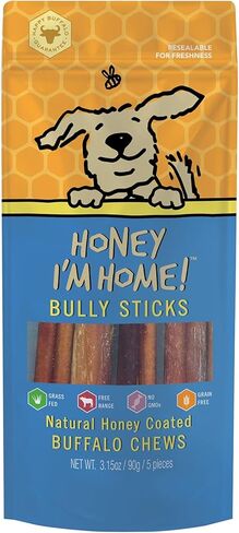 Honey I'm Home, Bully Sticks Buffalo Dog Chews، 6 بوصات، 5 قطع - طبيعية بالكامل، مجموعة مجانية، صحية، خالية من الحبوب، مغطاة بالعسل ومقرمشة in Kuwait
