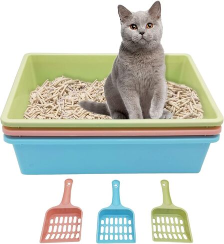 kathson 3 Pcs Open Cat Litter Box with Scoops Plastic Kitty Litter Pan Medium Cat Litter Tray Durable Nonstick Cat Toilet for Kitty Puppy Bunny and Other Small Animals 15 X 11 X 4 Inches in Saudi Arabia