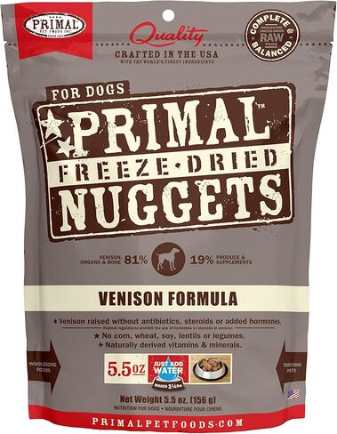 Primal Freeze Dried Dog Food Nuggets, Venison; Complete & Balanced Meal; Also Use as Topper or Treat; Premium, Healthy, Grain Free, High Protein Raw Dog Food, 5.5 oz in Kuwait