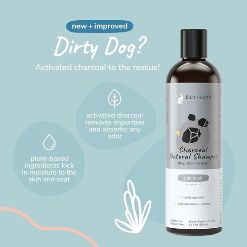 kin+kind Dog Shampoo - Deep Clean, Dirt & Odor Remover w/Activated Charcoal for Dogs, Gentle Formula w/Natural Aloe, Olive Oil & Coconut Oil, Pet Care & Grooming Products, Almond & Vanilla, 12 fl oz in Kuwait