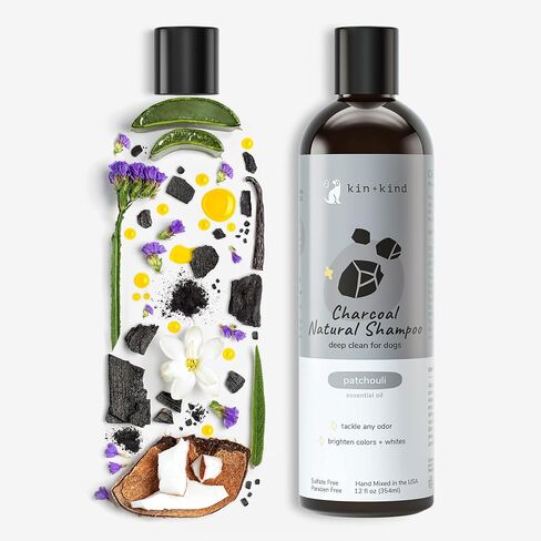 kin+kind Dog Shampoo - Deep Clean, Dirt & Odor Remover w/Activated Charcoal for Dogs, Gentle Formula w/Natural Aloe, Olive Oil & Coconut Oil, Pet Care & Grooming Products, Almond & Vanilla, 12 fl oz in Kuwait