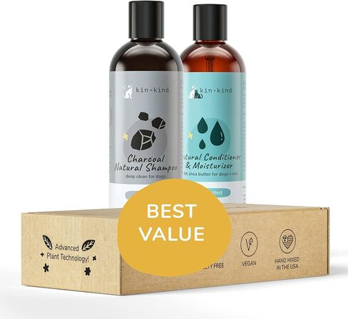 kin+kind Dog Shampoo - Deep Clean, Dirt & Odor Remover w/Activated Charcoal for Dogs, Gentle Formula w/Natural Aloe, Olive Oil & Coconut Oil, Pet Care & Grooming Products, Almond & Vanilla, 12 fl oz in Kuwait