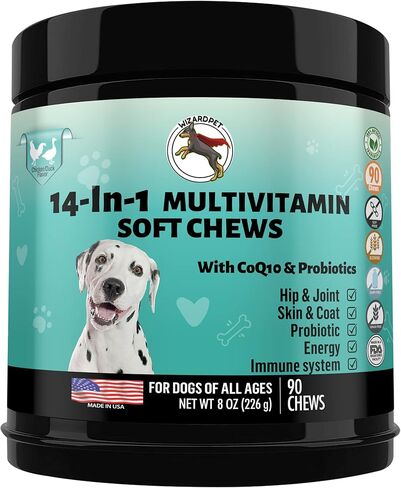 ويزاردبيت 14 في 1 فيتامينات متعددة للكلاب | مكمل يومي للكلاب يحتوي على الجلوكوزامين بروبيوتيك، والكوندرويتين، وأوميجا 3 | دعم مفصل الورك، معطف الجلد، صحة القلب، الأمعاء والمناعة | 90 مضغة ناعمة in Kuwait