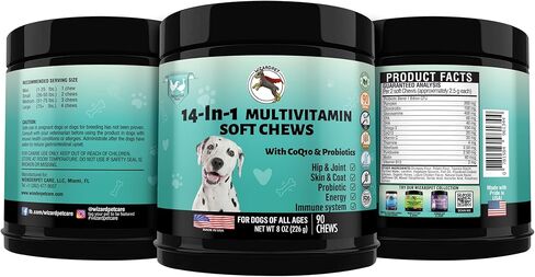 ويزاردبيت 14 في 1 فيتامينات متعددة للكلاب | مكمل يومي للكلاب يحتوي على الجلوكوزامين بروبيوتيك، والكوندرويتين، وأوميجا 3 | دعم مفصل الورك، معطف الجلد، صحة القلب، الأمعاء والمناعة | 90 مضغة ناعمة in Kuwait