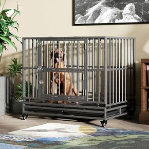 38/42/46 inch Heavy Duty Extra Large Indestructible Dog Crate Kennel Indoor with Separation Anxiety Lockable Wheels and Removable Tray in Kuwait