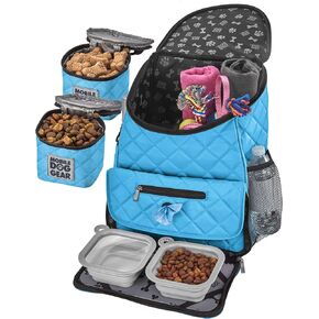 حقيبة سفر للكلاب من Mobile Dog Gear، حقيبة ظهر مبطنة فاخرة لعطلة نهاية الأسبوع، تتضمن حاملات طعام مبطنة ووعاءين قابلين للطي للكلاب، باللون الأزرق الفاتح in Kuwait
