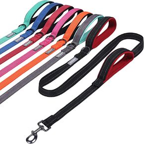 VIVAGLORY Traffic Handle Dog Leash, Two Padded Soft Handles Dog Leash, Strong Reflective & Metal Hook Training Dog Lead, Grey