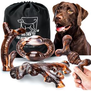 OSORD 4 Pack Dog Chew Toys for Aggressive Chewers - Tough Indestructible Dog Toys with Bacon Flavor- Durable Nylon Dog Bones Toy for Large Medium Breed - Dog Gifts