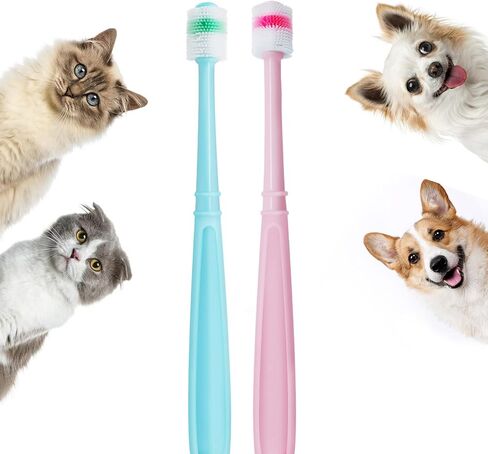 Blavvennt Small Dog & Cat Toothbrush Puppy Toothbrush 360 Degree Deep Clean Fresh Breath Pet Toothbrush for Cat Dental Care Dog Teeth Cleaning, 2 pcs (Blue&Rose) in Kuwait