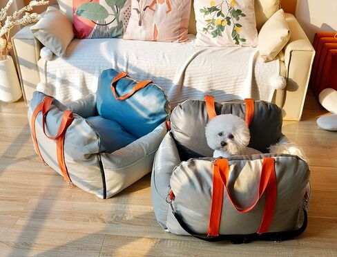 مقعد سيارة للكلاب - حامل كلاب ممتاز للكلاب الصغيرة والمتوسطة، مع مقابض مدمجة - حامل كلاب مع جزء داخلي من القطن الناعم - مقعد سيارة للحيوانات الاليفة قابل للغسل ومقاوم للماء (رمادي/ازرق) in Kuwait
