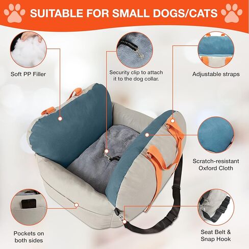 مقعد سيارة للكلاب - حامل كلاب ممتاز للكلاب الصغيرة والمتوسطة، مع مقابض مدمجة - حامل كلاب مع جزء داخلي من القطن الناعم - مقعد سيارة للحيوانات الاليفة قابل للغسل ومقاوم للماء (رمادي/ازرق) in Kuwait