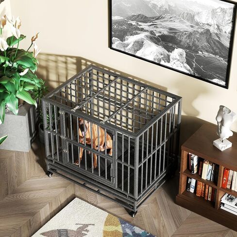 38/42/46 inch Heavy Duty Extra Large Indestructible Dog Crate Kennel Indoor with Separation Anxiety Lockable Wheels and Removable Tray in Kuwait