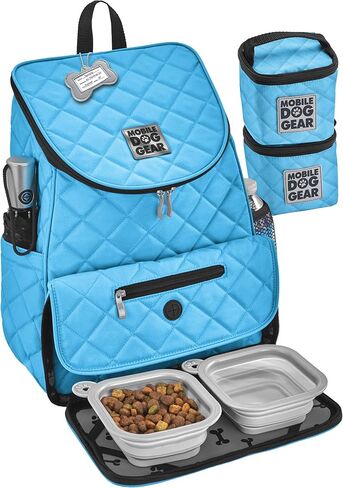 حقيبة سفر للكلاب من Mobile Dog Gear، حقيبة ظهر مبطنة فاخرة لعطلة نهاية الأسبوع، تتضمن حاملات طعام مبطنة ووعاءين قابلين للطي للكلاب، باللون الأزرق الفاتح in Kuwait
