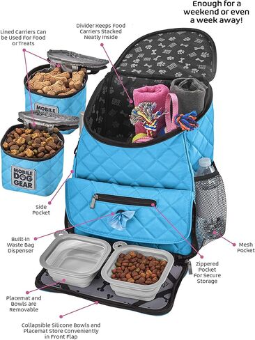 حقيبة سفر للكلاب من Mobile Dog Gear، حقيبة ظهر مبطنة فاخرة لعطلة نهاية الأسبوع، تتضمن حاملات طعام مبطنة ووعاءين قابلين للطي للكلاب، باللون الأزرق الفاتح in Kuwait