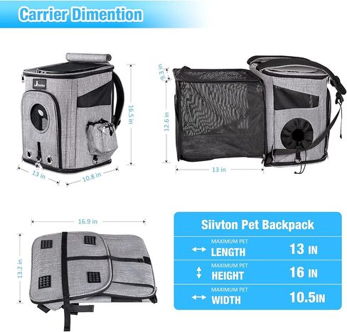 Siivton Cat Backpack Carrier، حقيبة ظهر لحمل الحيوانات الأليفة قابلة للتوسيع معتمدة من شركة الطيران للكلاب الصغيرة والقطط، حقيبة ظهر مع شبكة مسامية، مع حزام أمان داخلي، وسائد خلفية مرنة، رمادي in Kuwait