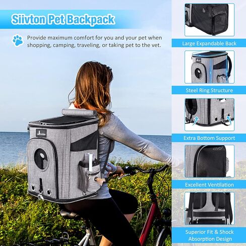 Siivton Cat Backpack Carrier، حقيبة ظهر لحمل الحيوانات الأليفة قابلة للتوسيع معتمدة من شركة الطيران للكلاب الصغيرة والقطط، حقيبة ظهر مع شبكة مسامية، مع حزام أمان داخلي، وسائد خلفية مرنة، رمادي in Kuwait