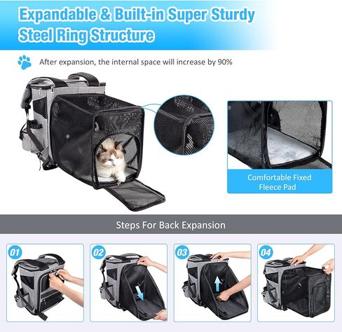 Siivton Cat Backpack Carrier، حقيبة ظهر لحمل الحيوانات الأليفة قابلة للتوسيع معتمدة من شركة الطيران للكلاب الصغيرة والقطط، حقيبة ظهر مع شبكة مسامية، مع حزام أمان داخلي، وسائد خلفية مرنة، رمادي in Kuwait