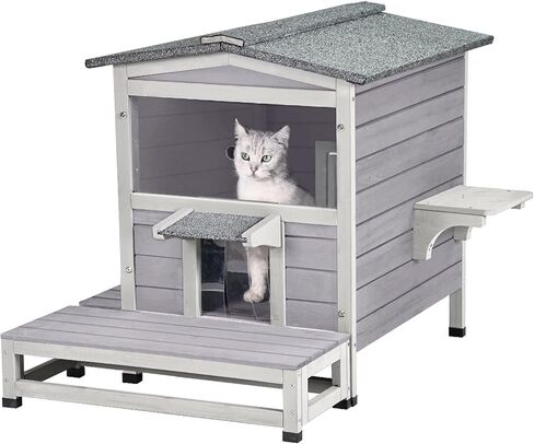 Cat House Outdoor Feral Kitty Shelter Cat Catio with Balcony, Escape Door & Movable Platform in Saudi Arabia