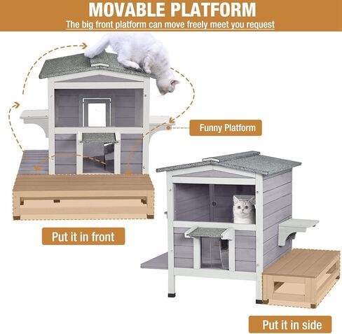 Cat House Outdoor Feral Kitty Shelter Cat Catio with Balcony, Escape Door & Movable Platform in Saudi Arabia