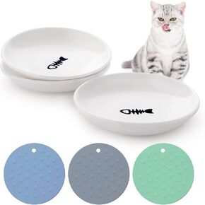 Dorakitten 12 Pcs Cat Bowls with 12 Non-slip Mats, Wide & Shallow Cat Plates for Whiskey Fatigue Relief, 15cm/6’' Ceramic Cat Feeding Dishes, Wet & Dry Food Feeding Bowls for Kittens, Cats, Puppies