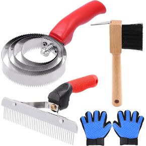 Mardatt 5Pcs Horse Groomer Tools Set Includes 4-Rings Reversible Stainless Steel Curry Comb, Grooming brushes and Gentle Deshedding Brush Gloves for Long & Short Fur Horse Pet Bathing Cleaning in Kuwait